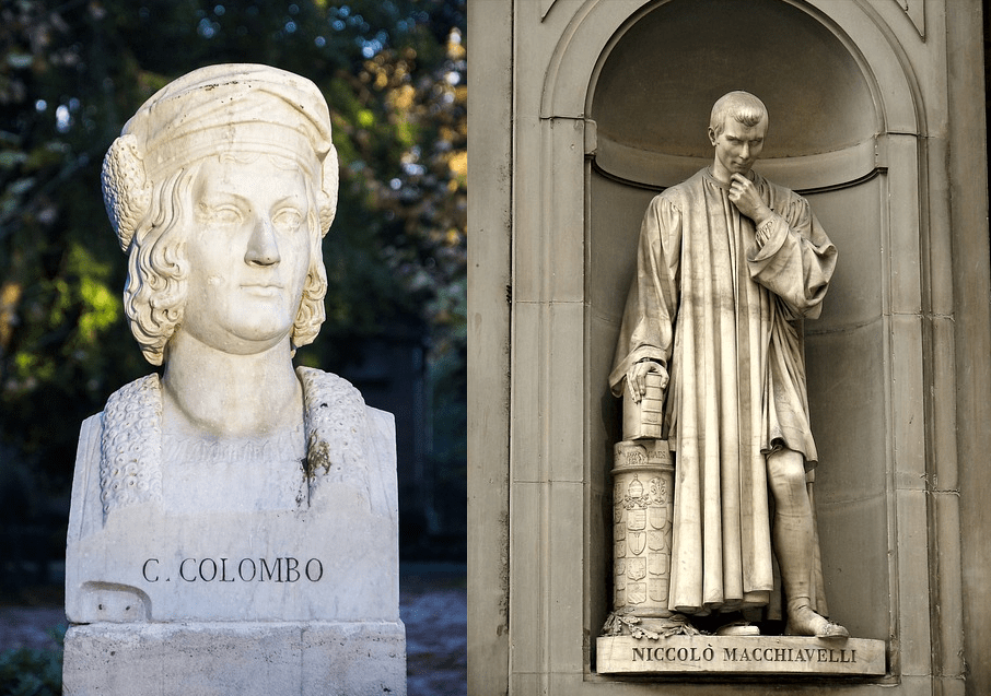 statues of Christopher Colombus and Niccolo Macchiavelli